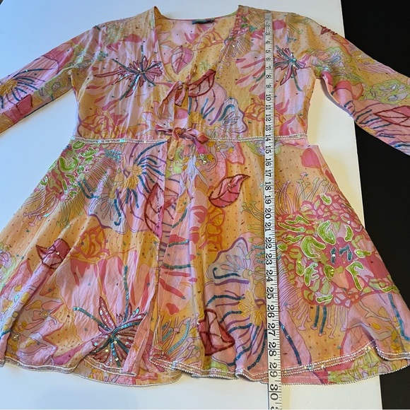 LeTarte embelished tropical swim cover cardigan top, cotton, pastel colors, S/M - Picture 7 of 14